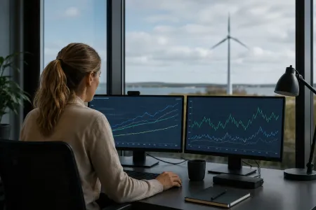 Analytiker vid skrivbord med diagram över vindkraftsmarknaden
