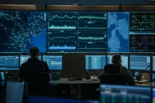 Kontrollrum för elnät med skärmar och vindkraftsdata