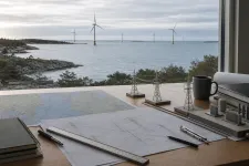 Illustration av elnät, kust och havsbaserad vindkraft med kartunderlag