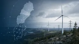 Redaktionell illustration av vindkraft, elnät och en digital kapacitetskarta över Sverige